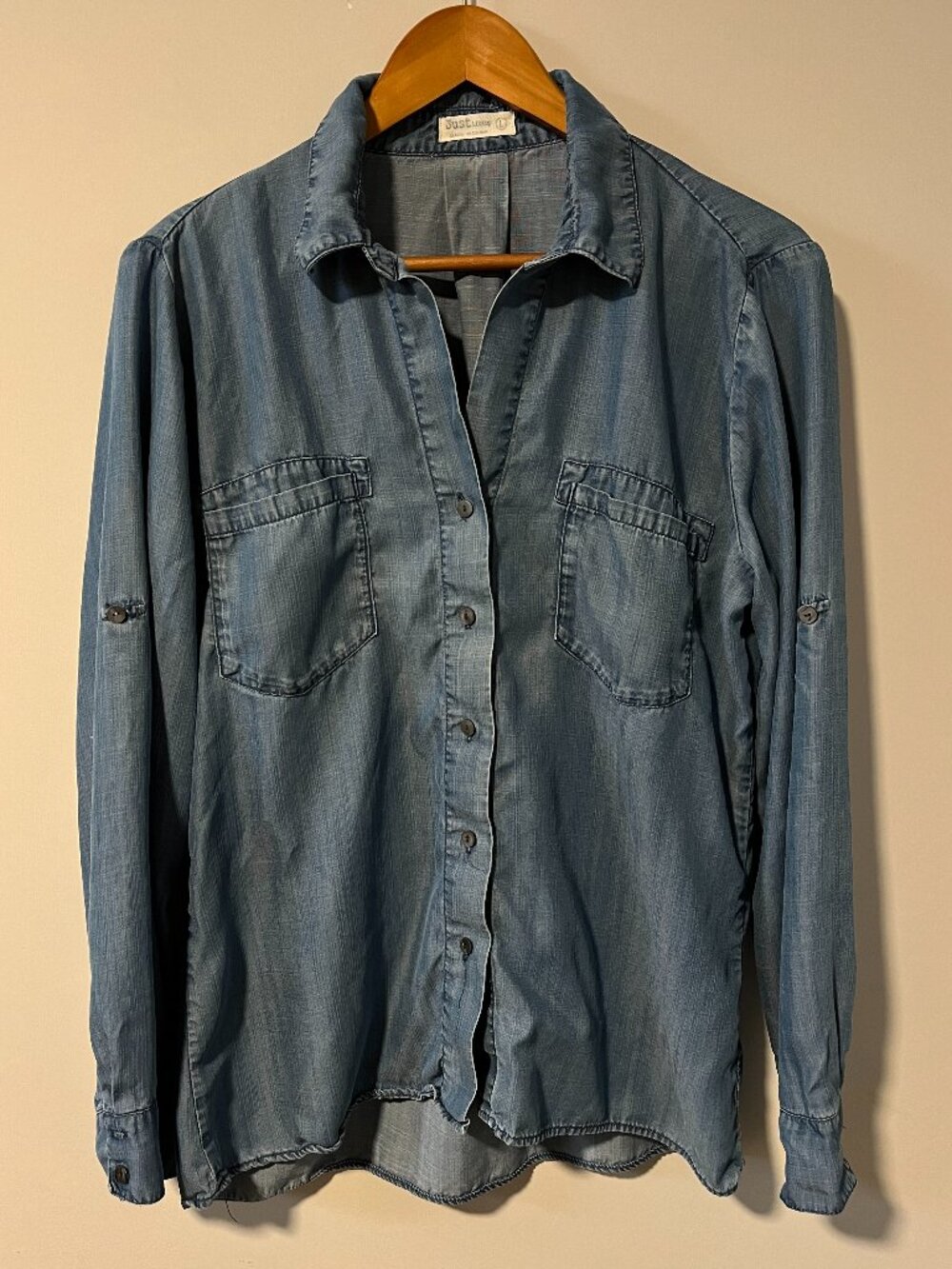Just Living Tencel Blue Button Down Shirt Women Lg Chambray Minimalist Capsule